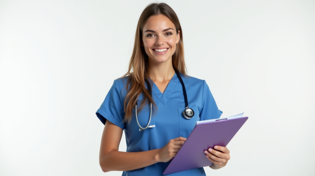 a_woman_is_seen_from_the_waist_up_smiling_at_the_camera_she_has_long_hair_and_is_wearing_a_nurses_u_ff38r8l8wqns457ok43r_3