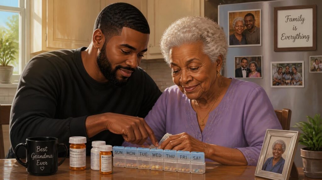 30 year old black man helping his beautiful grandmother with her medications at home (2)