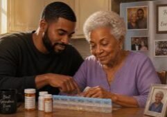 30 year old black man helping his beautiful grandmother with her medications at home (2)