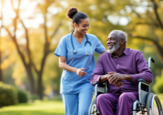 a_nurse_in_slight_blue_is_walking_with_a_old_black_man_who_is_on_wheel_chair_wearing_purple_dress_i_xdljrmp6eq44ruf34j7l_0
